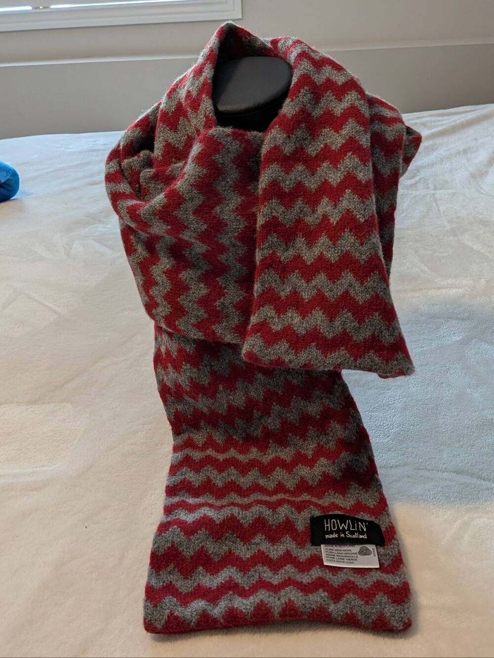Howlin' Zigzag Wool Scarf in Red and Gray. Made In Scotland. EUC..